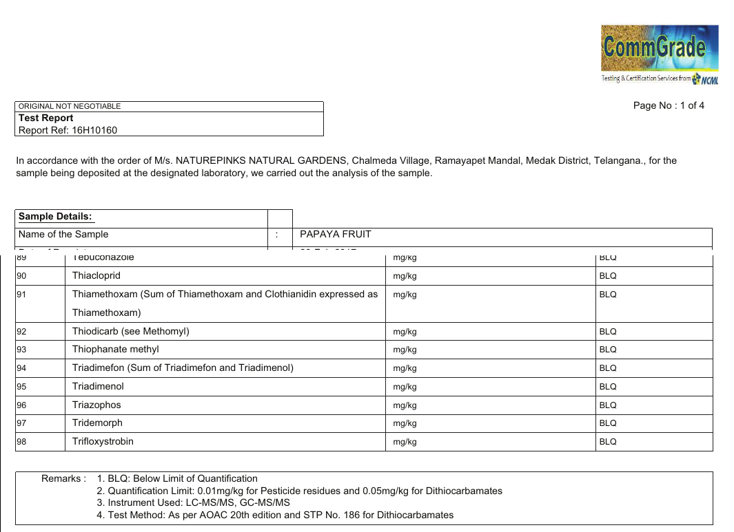 NaturePinks Residue Test Report